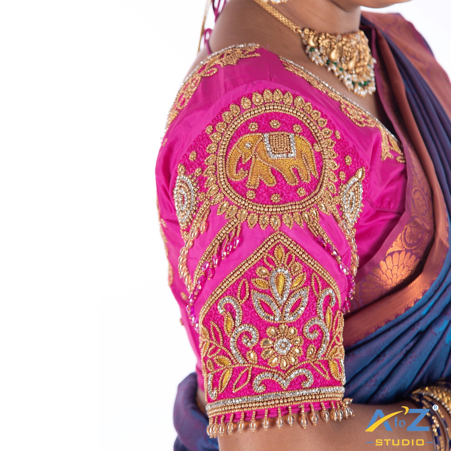 Bright Pink Silk Cloth Blouse with Flower and elephant design Design