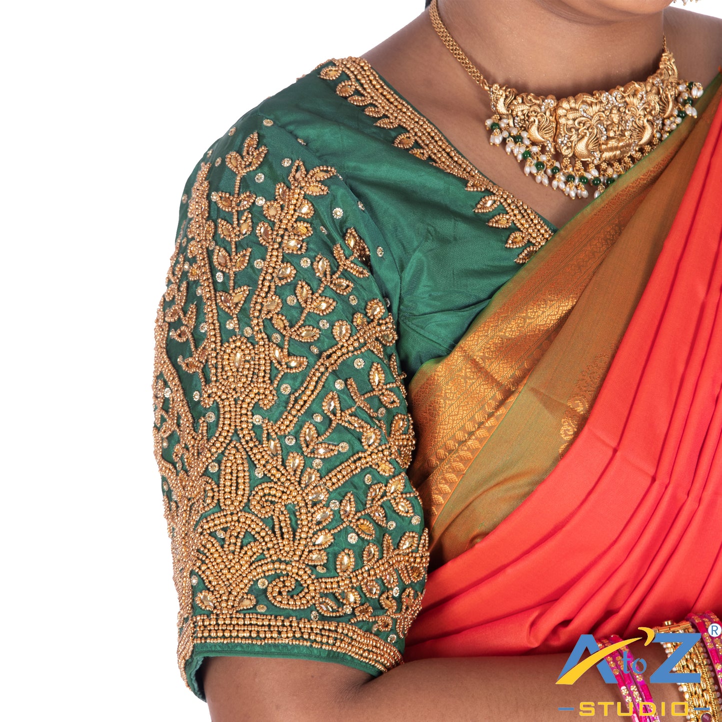 Rama Green Silk Cloth Blouse with Small leaf (like flower pot) and chain work Design