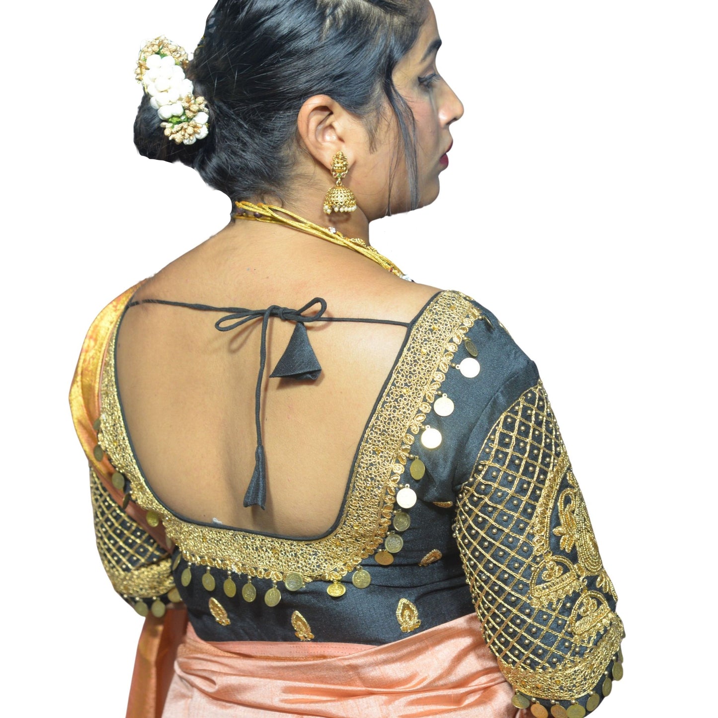 Black Blouse with Moti & Lakshmi Coin Sleeves, Dual Embroidery