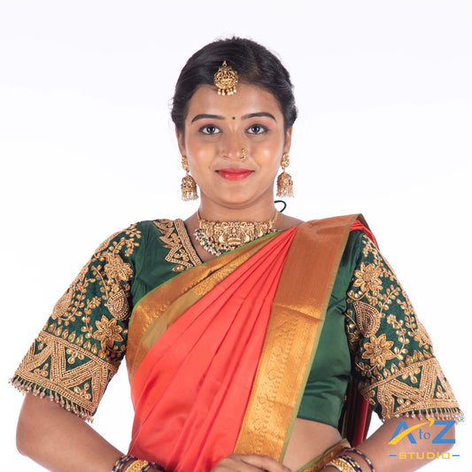 Dark Forest Green Silk Cloth Blouse with Flower, mango and triangle Design