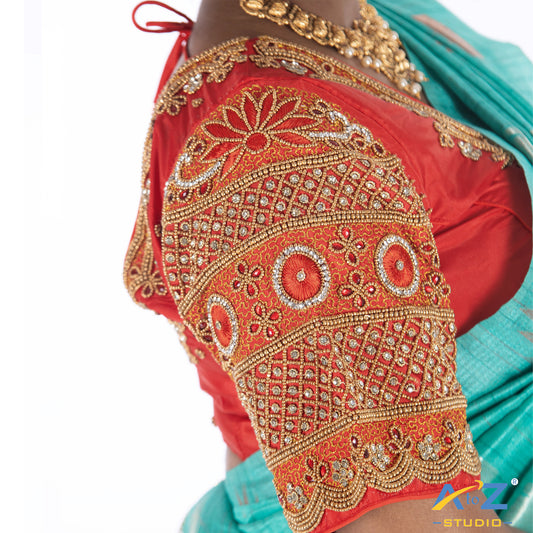 Light Red Silk Cloth Blouse with kundan and chain work Design