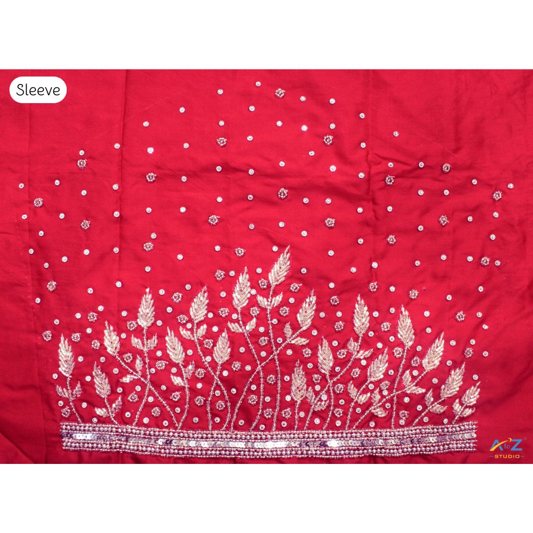 Dark Red Silk Blouse Piece With Aari Work (Silver Work)
