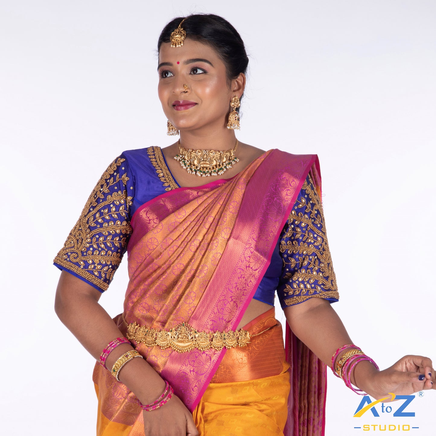 Royal Blue Silk Cloth Blouse with Small leaf (like flower pot) and chain work Design