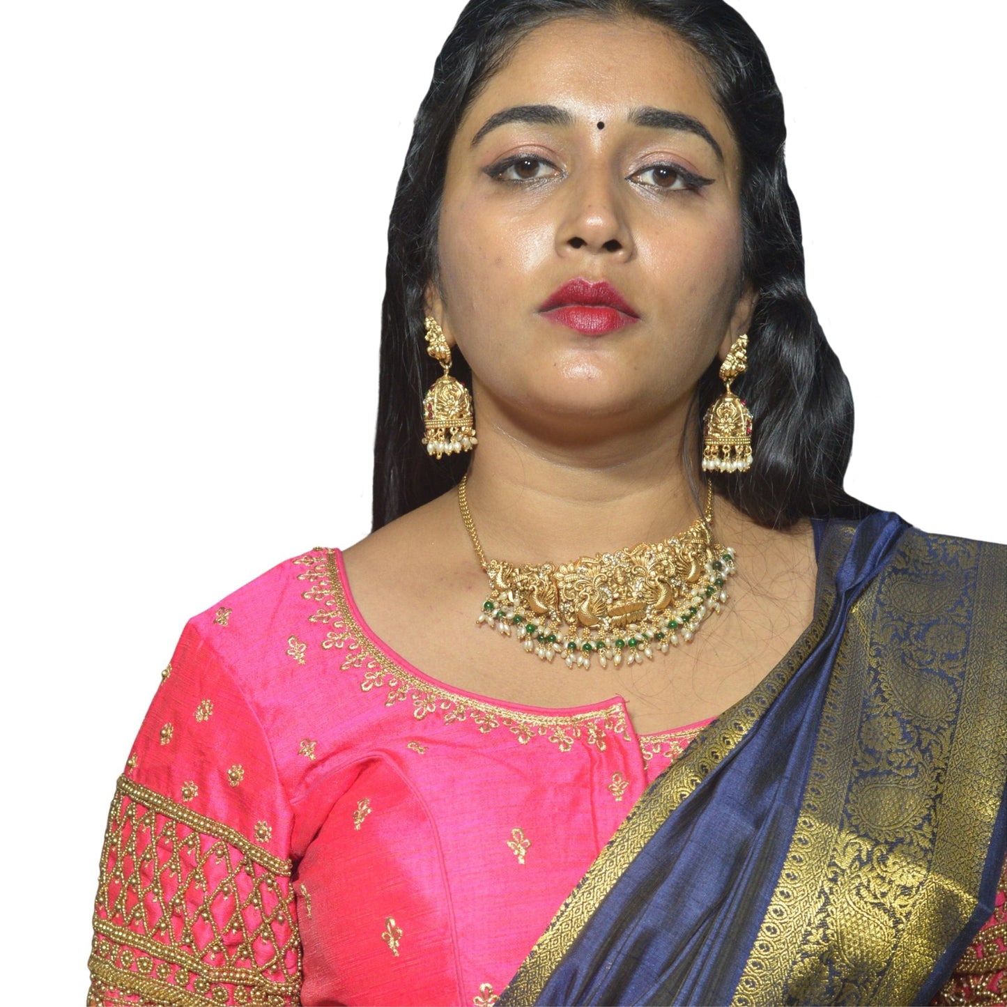 Designer Rani Blouse with Criss-Cross Floral Sleeves, Machine Front & Aari Embroidered Back"