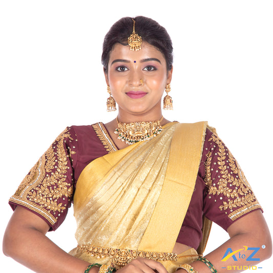 Pink Wine Tissue Cloth Blouse with Small leaf and chain work Design