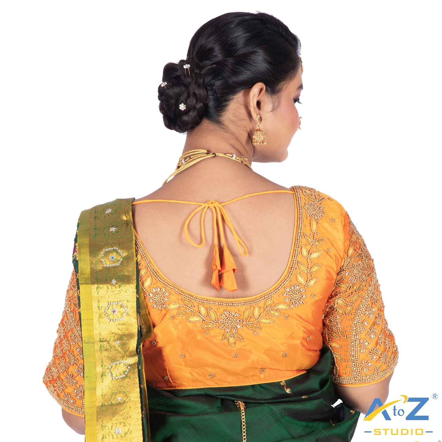 Orange Silk Cloth Blouse with Leaf and flower Design
