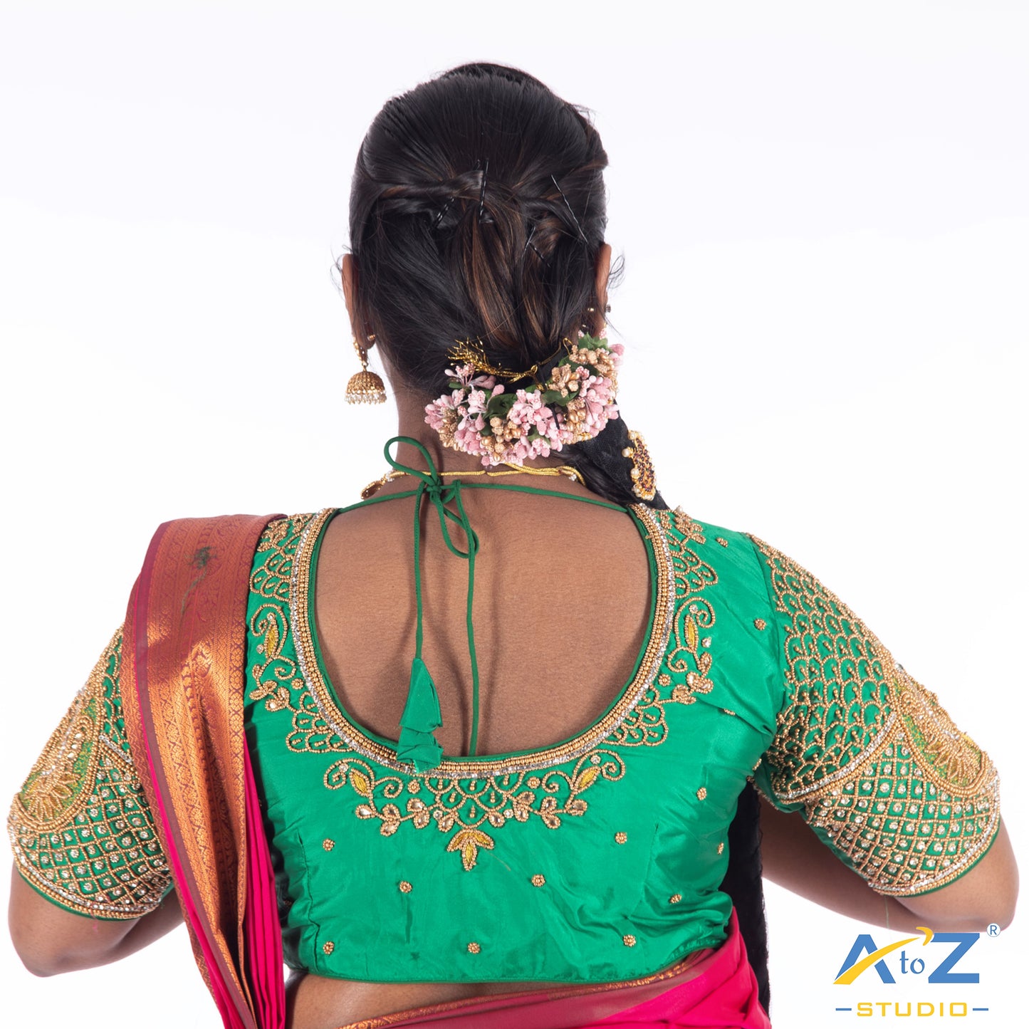 Chateav Green Silk Cloth Blouse with Double peacock and leafs Design