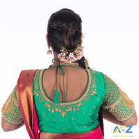 Chateav Green Silk Cloth Blouse with Double peacock and leafs Design