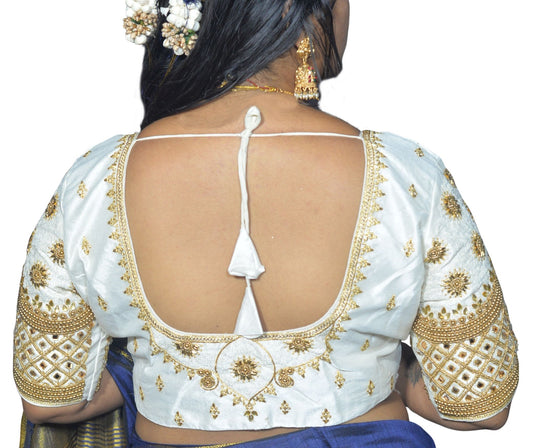 White Blouse with Floral, Mango Stone & Kite Motifs, Dual Embroidery