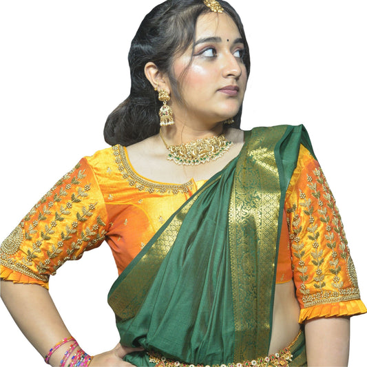 Designer Mango Blouse with Leaf and Flower Sleeve Design and Aari Embroidered Back