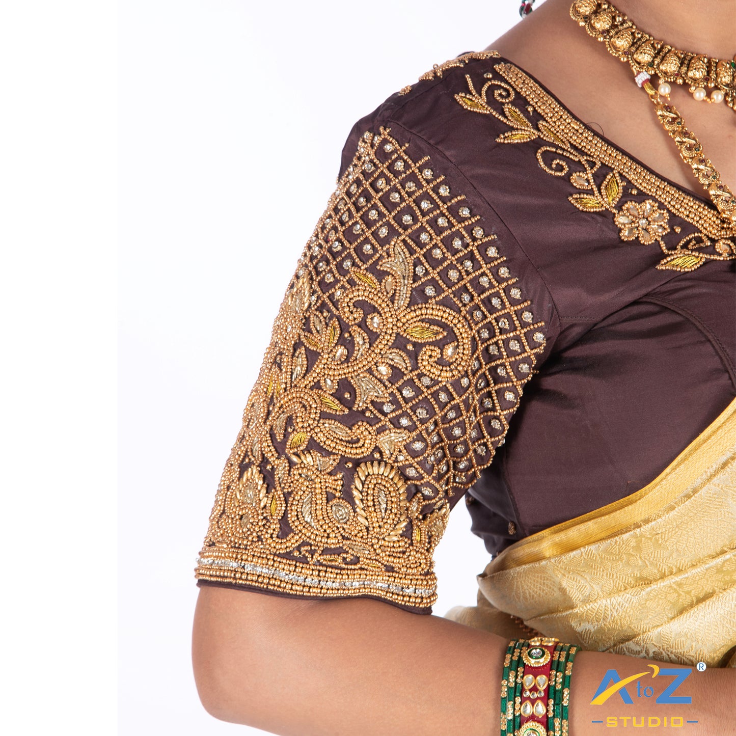 Dark brown Silk Cloth Blouse with Small Peacock and square chain Design