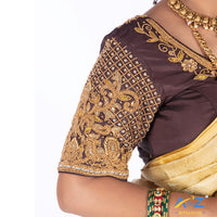 Dark brown Silk Cloth Blouse with Small Peacock and square chain Design