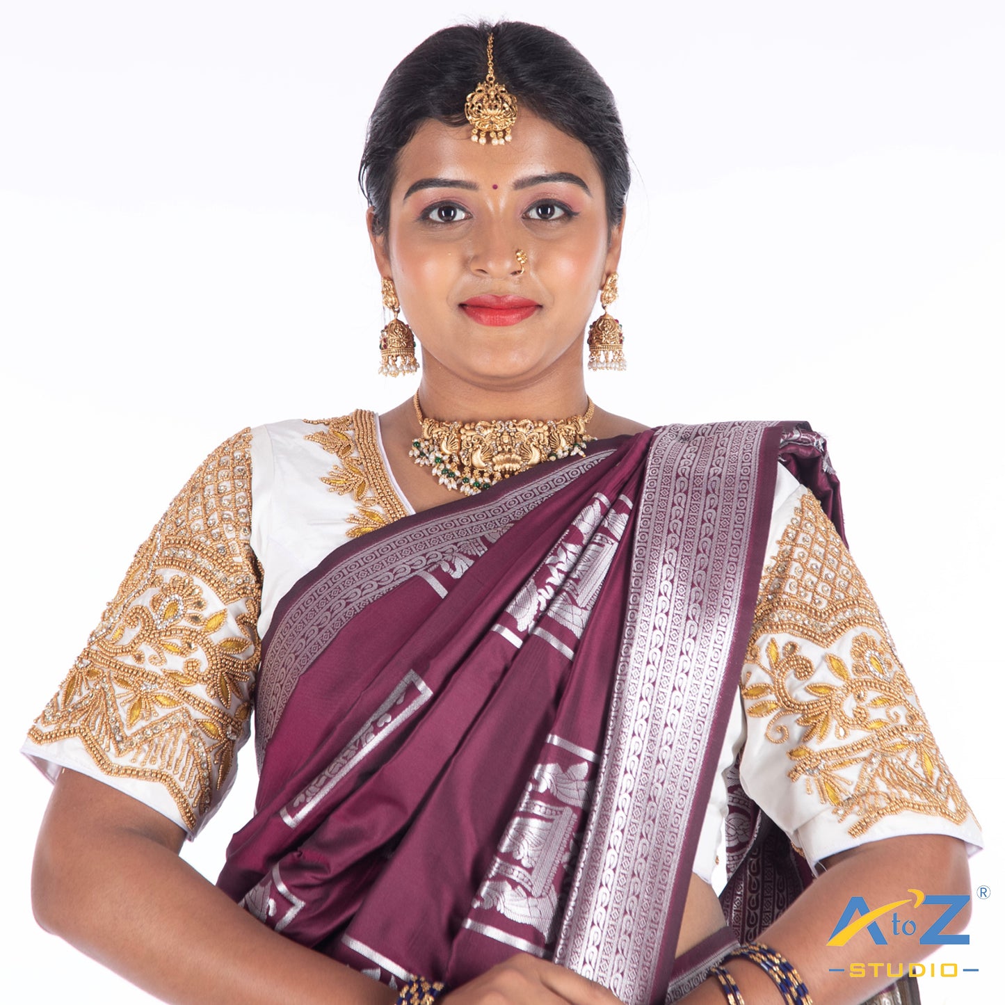 White Silk Cloth Blouse with Deepa and flower and chain design Design