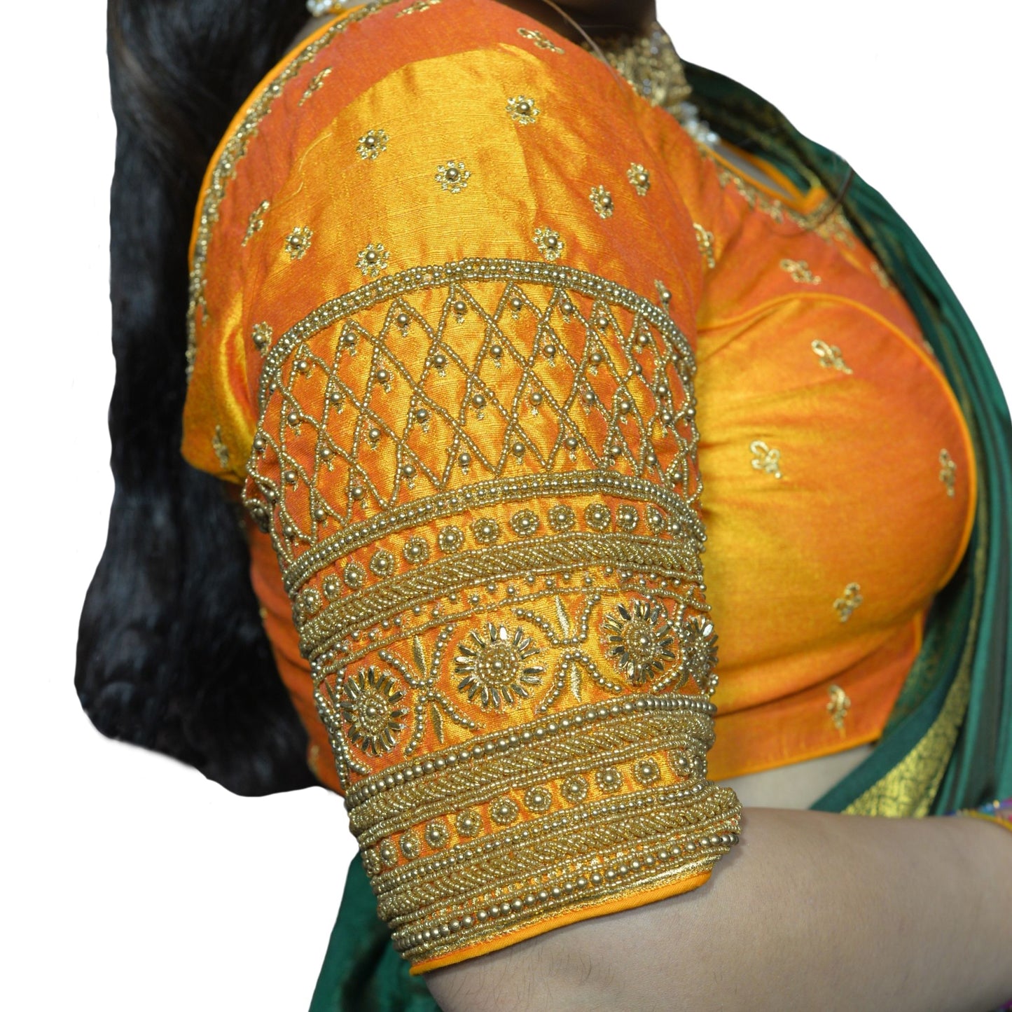 Designer Mango  Blouse with Criss-Cross Floral Sleeves, Machine Front & Aari Embroidered Back"