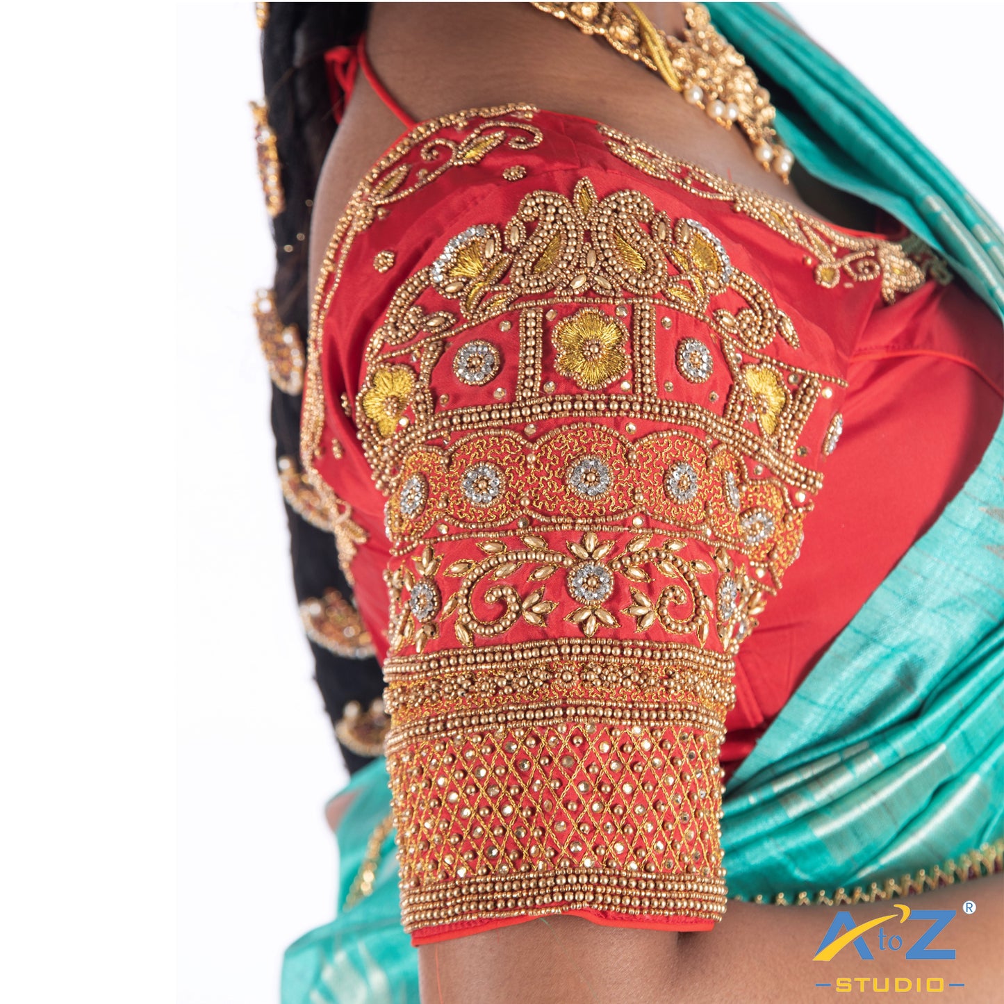 Red Silk Cloth Blouse with Flower and diamod work Design