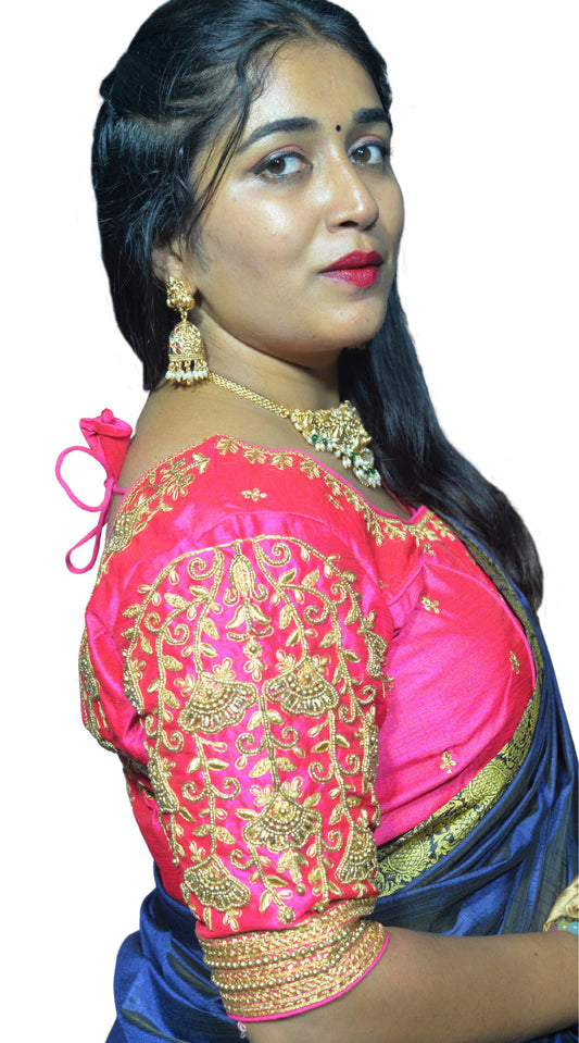 Fuchsia Blouse with Floral Motifs & Dual Embroidery