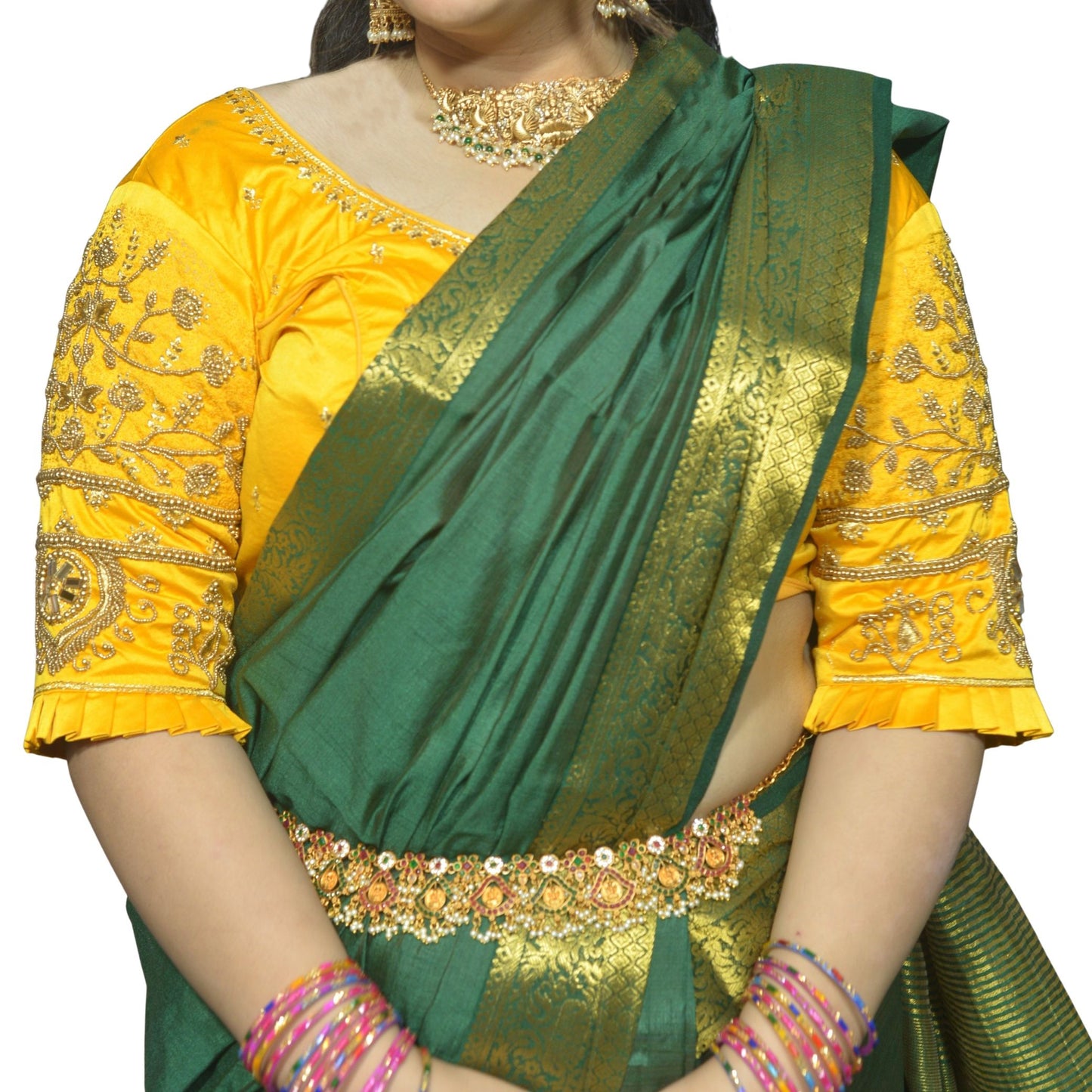 Festive Golden Yellow Blouse with Diya Motif and Floral Aari Fusion Work