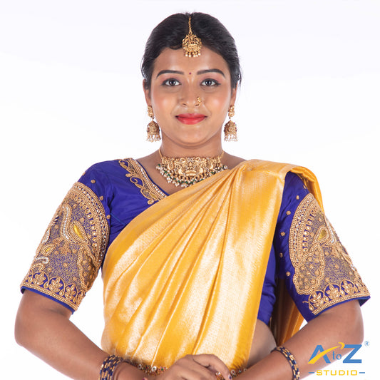 Royal Blue Silk Cloth Blouse with Leaf and 2 peacock at sleeves Design