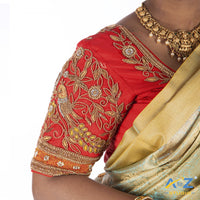 Light Red Silk Cloth Blouse with Flower and Leaf with pearl and chain Design