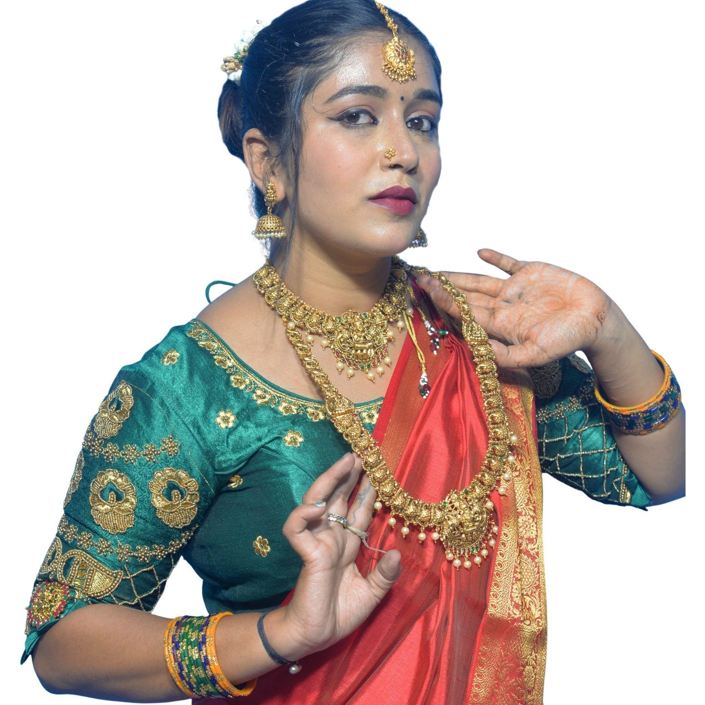 Traditional Dark Green Blouse with Criss-Cross Sleeves and Lakshmi Aari Work