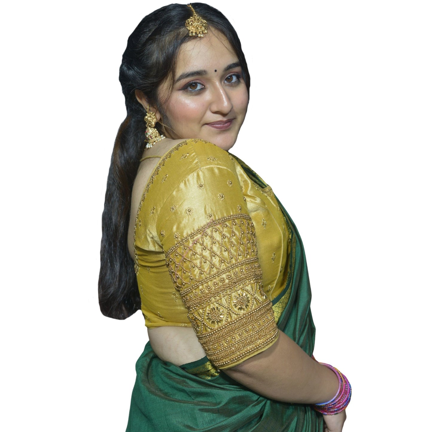 Designer Gold Blouse with Criss-Cross Floral Sleeves and Aari Embroidered Back