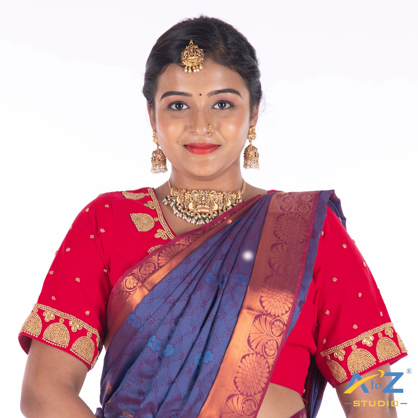 Punch Pink Silk Cloth Blouse with Jhumka design with chain Design