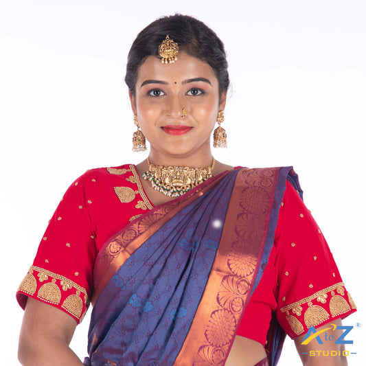 Punch Pink Silk Cloth Blouse with Jhumka design with chain Design