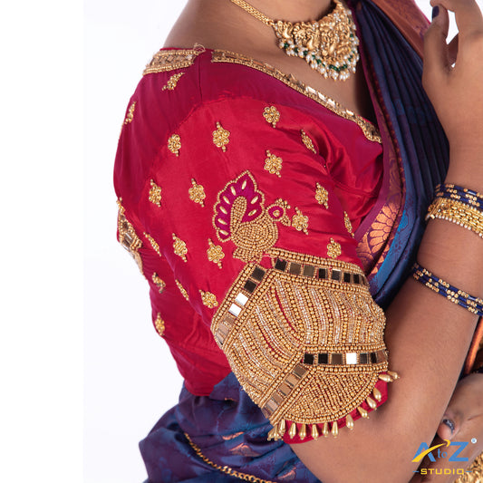 Brink Pink Silk Cloth Blouse with Small peacock ,chain and mirror Design