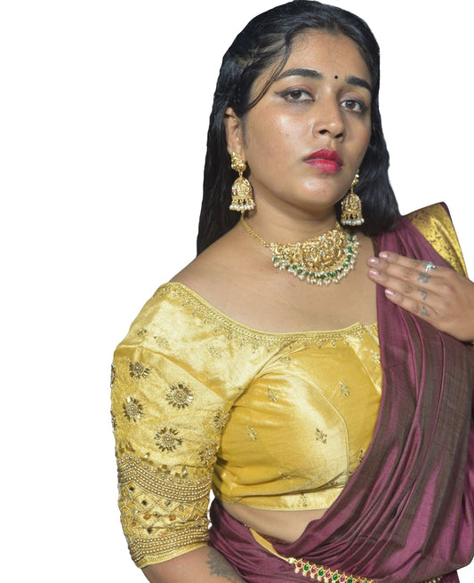 Gold Blouse with Floral, Mango Stone & Kite Motifs, Dual Embroidery