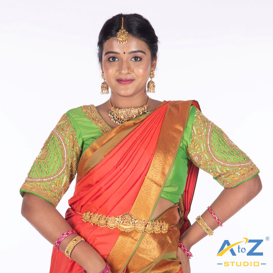 Light Green Silk Cloth Blouse with Lotus in circle Design