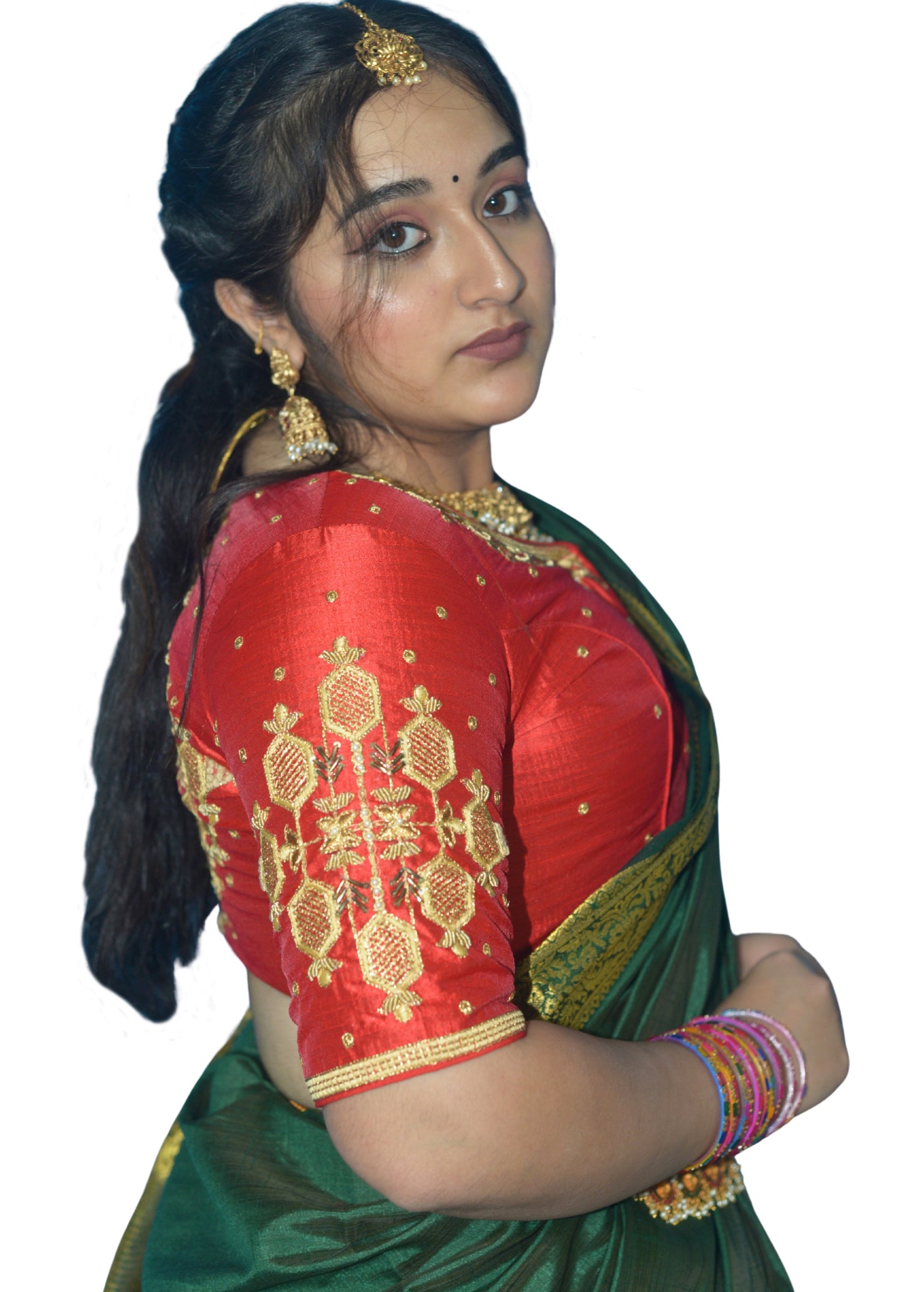 Red Blouse with Floral & Geometric Embroidery