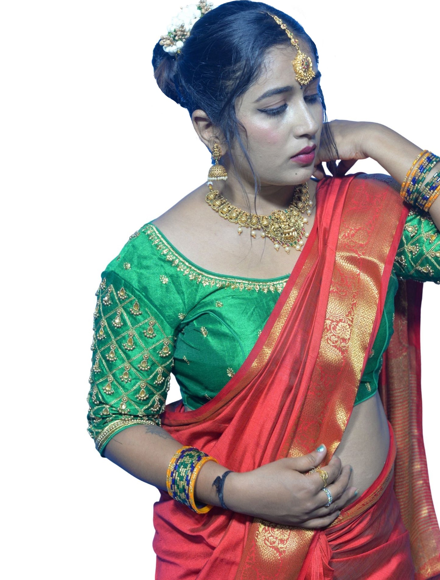 Parrot Green Blouse with Criss-Cross, Footprint & Bush Embroidery