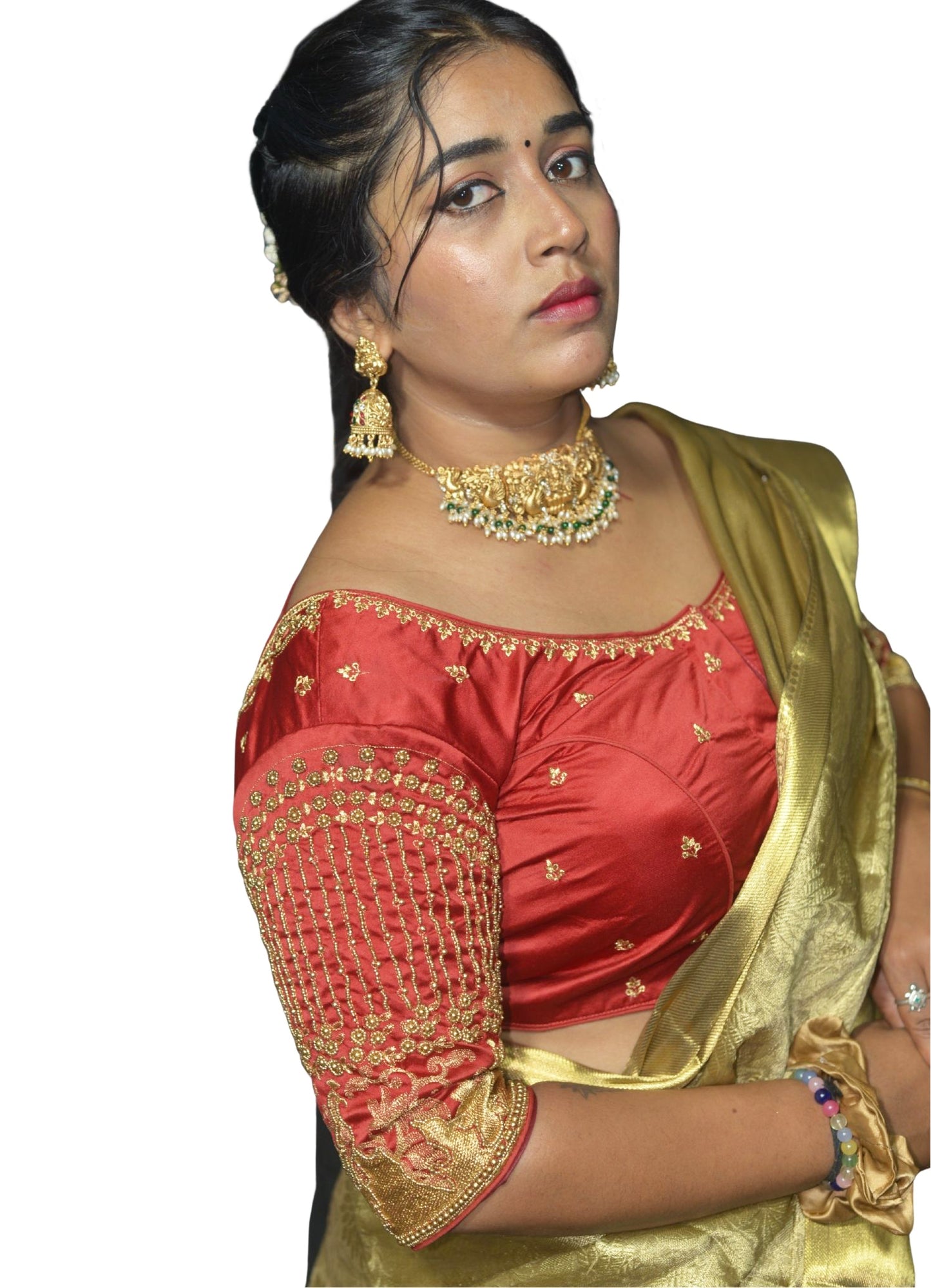 Designer White Blouse with Peacock and Floral Aari Fusion Work