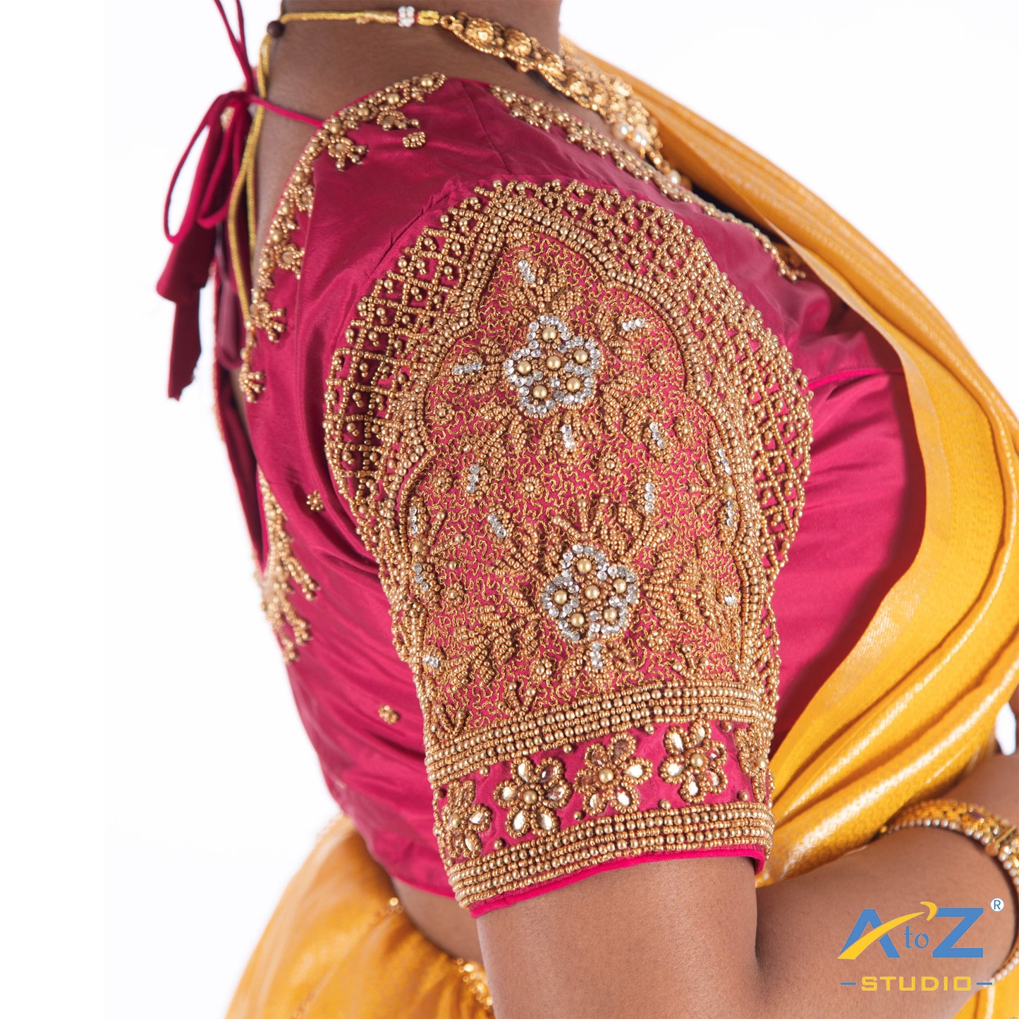 Deep Pink Silk Cloth Blouse with Flower with chain and kundan Design