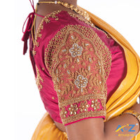 Deep Pink Silk Cloth Blouse with Flower with chain and kundan Design