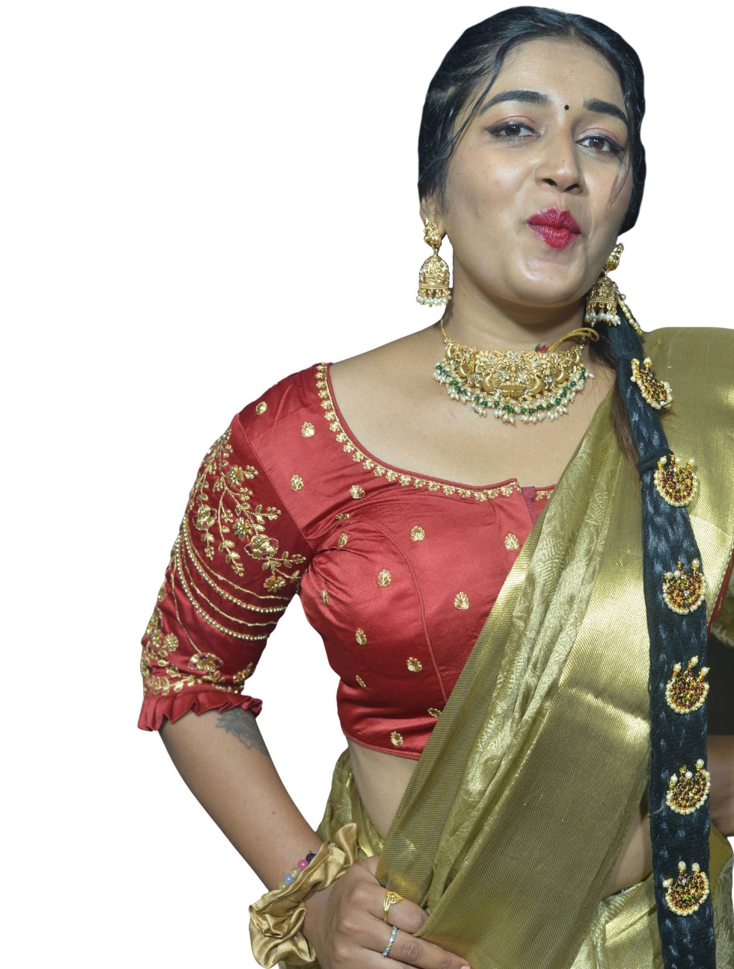 Vibrant Maroon Blouse with Multi-Color Floral Embroidery and Frill Sleeves