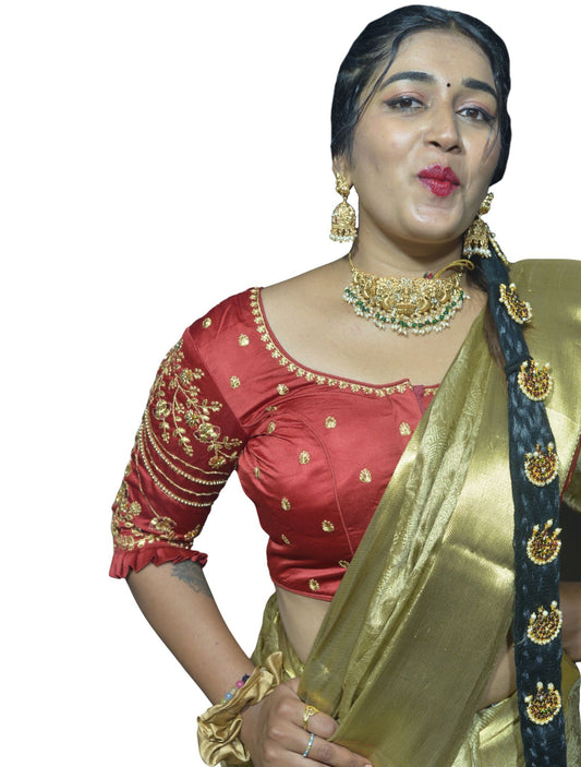 Vibrant Maroon Blouse with Multi-Color Floral Embroidery and Frill Sleeves