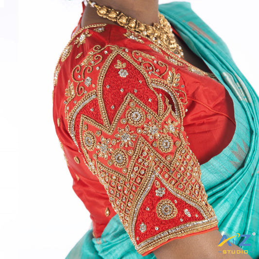 Red Silk cloth Blouse with Chain and kundan design Design