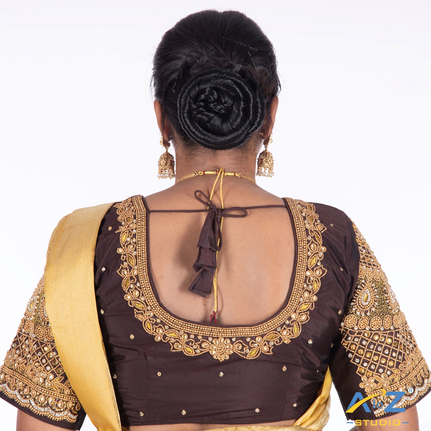 Dark Brown Silk Cloth Blouse with kundan and chain work Design