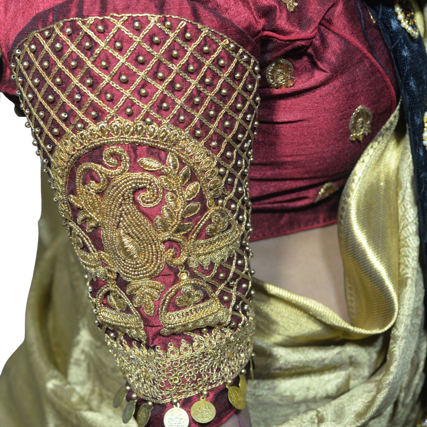 Maroon Aari Blouse with Moti & Coins