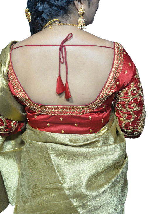 Maroon Blouse with Leaf Sleeves & Dual Embroidery