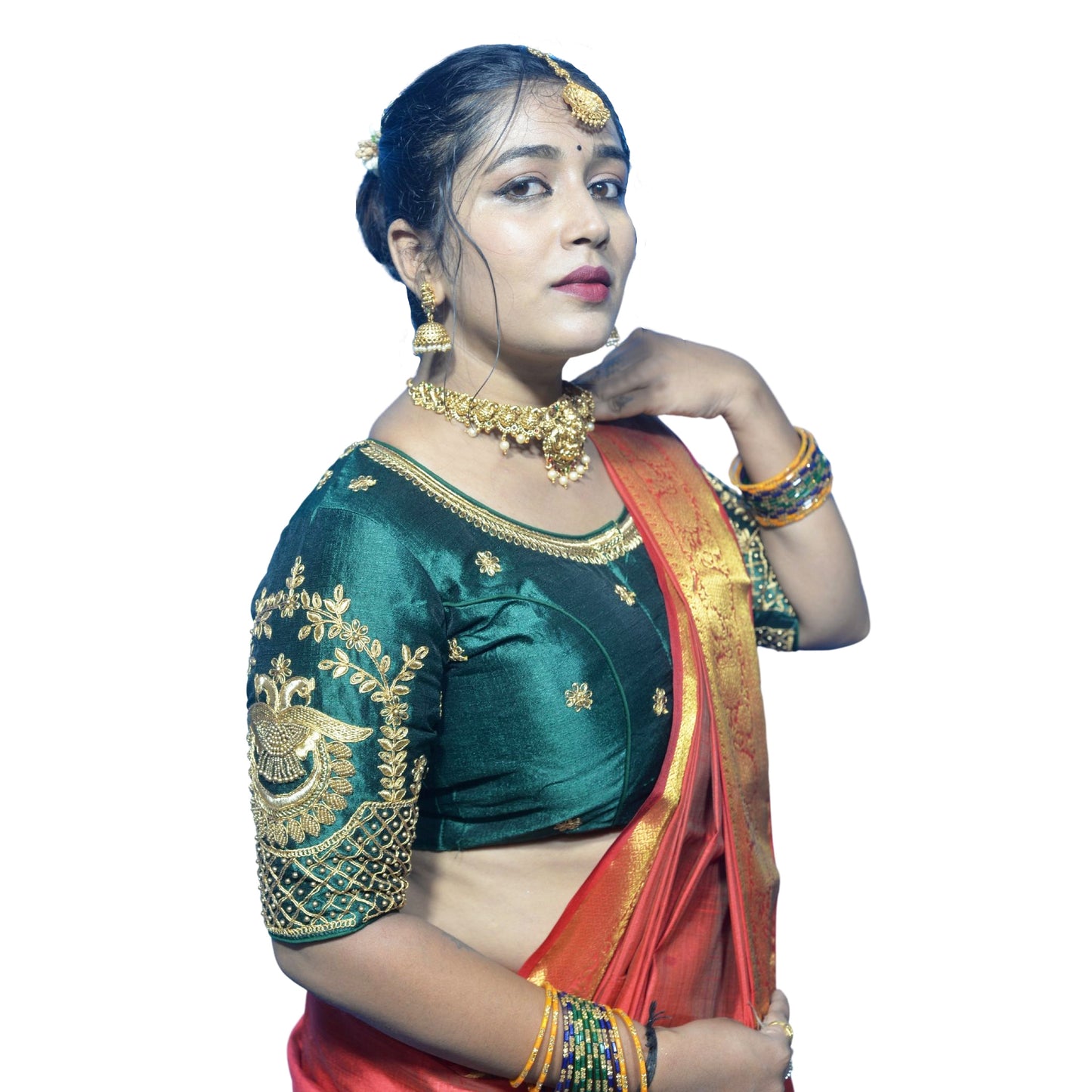 Dark Green Peacock Blouse with Shoulder Motifs & Criss-Cross Back