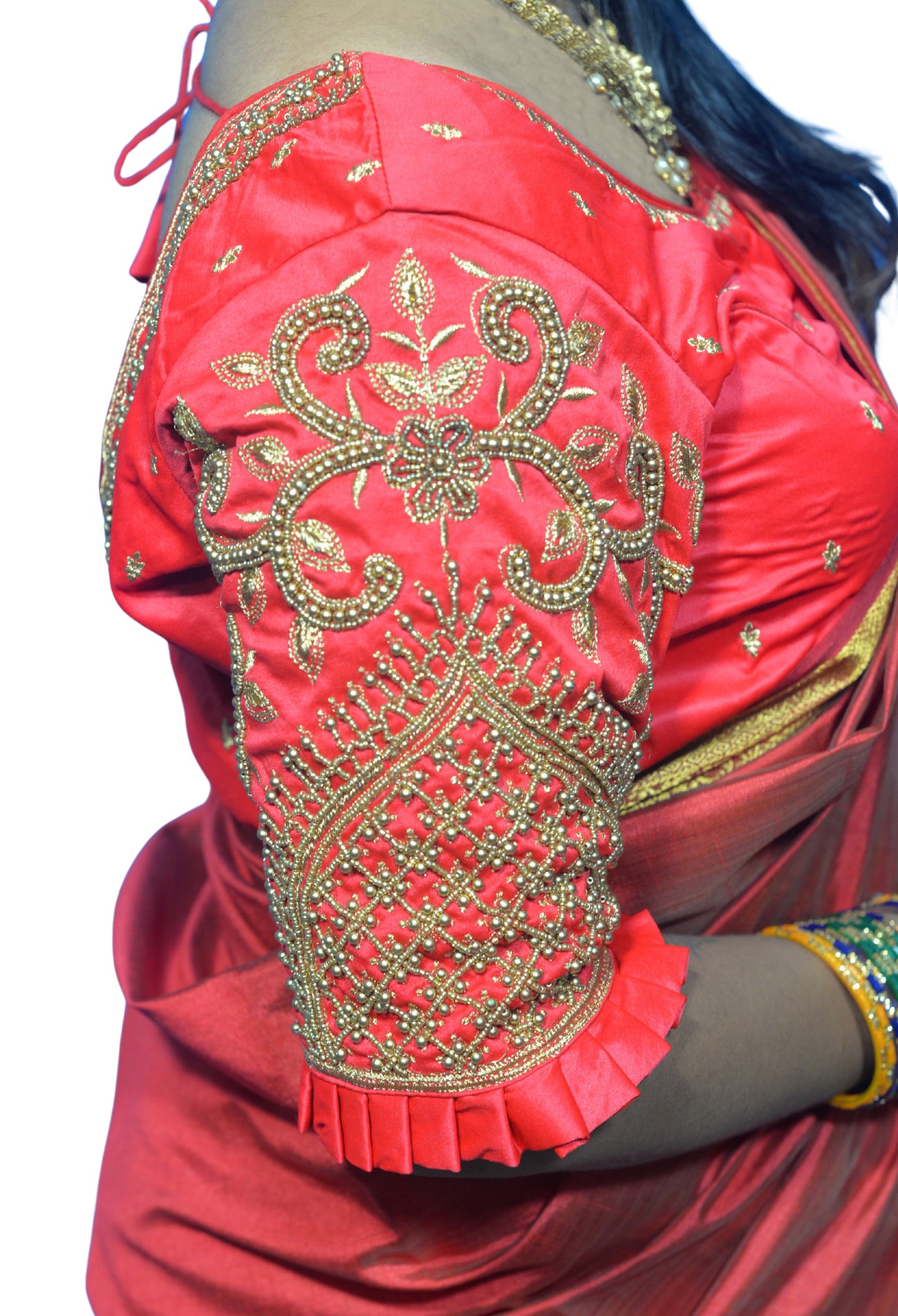 Tomato Red Blouse with Leaf Sleeves & Dual Embroidery