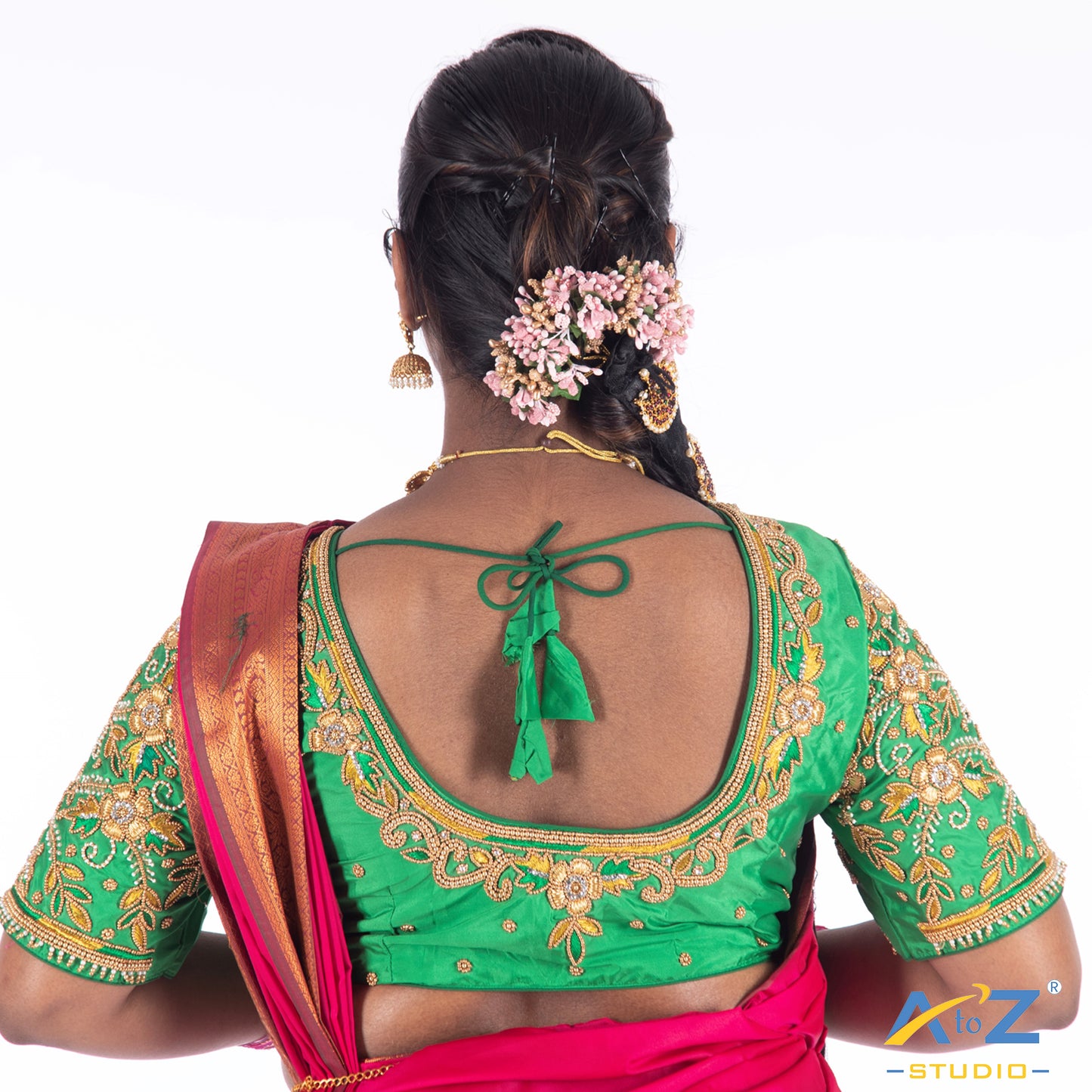 Chateav Green Silk Cloth Blouse with Flower bloosm Design