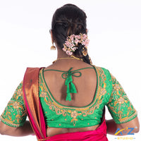 Chateav Green Silk Cloth Blouse with Flower bloosm Design