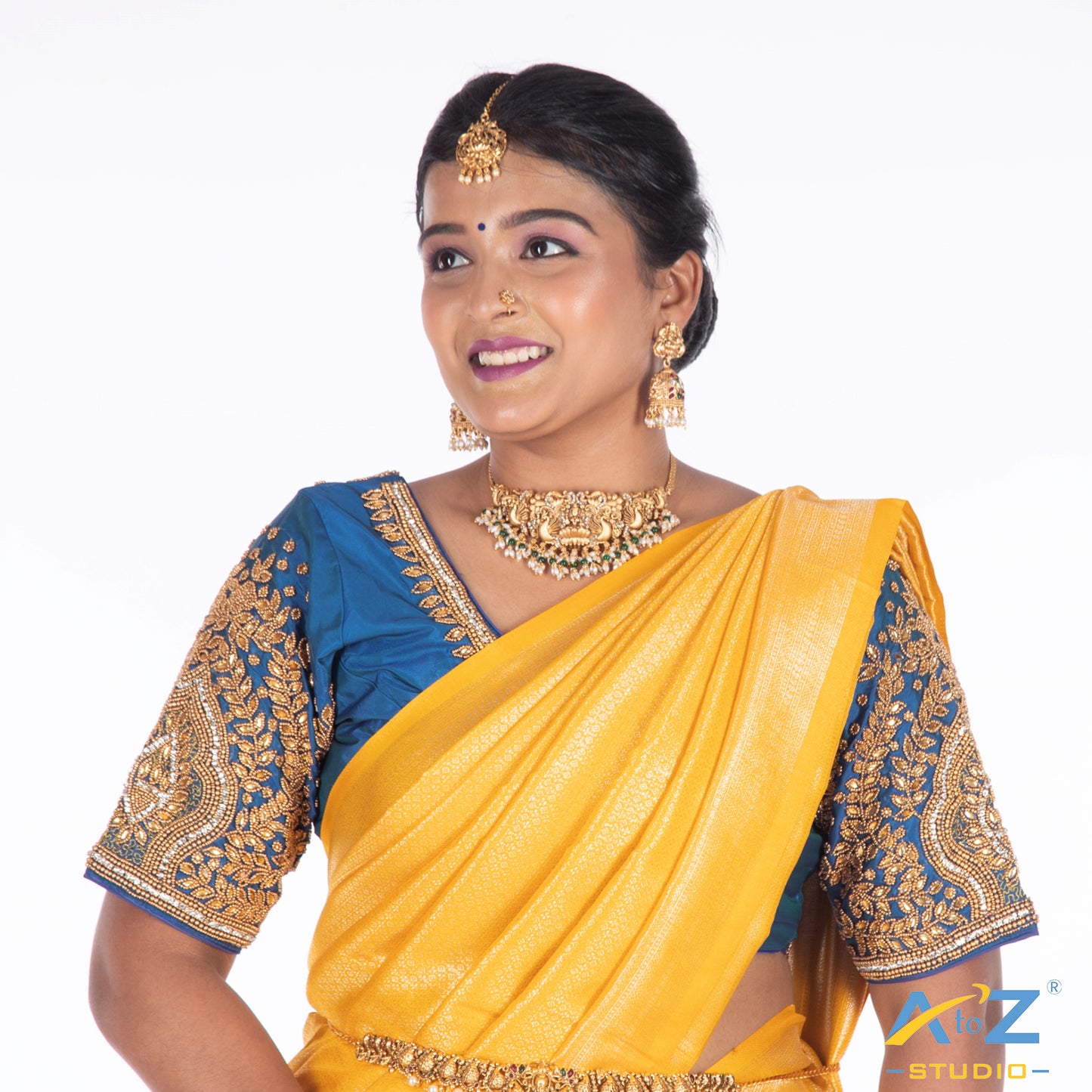 Egyptian Blue Tissue Cloth Blouse with Small leaf and chain work Design