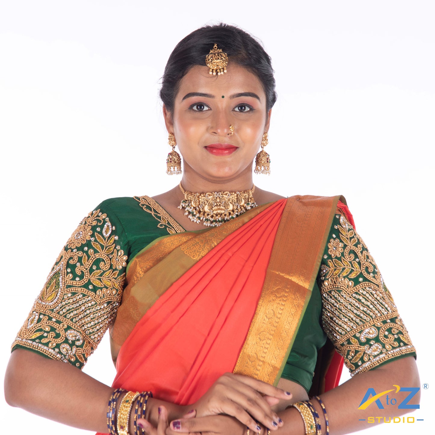 Dark Green Silk Cloth Blouse with Flower and Leaf with pearl and chain Design