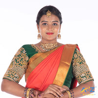 Dark Green Silk Cloth Blouse with Flower and Leaf with pearl and chain Design