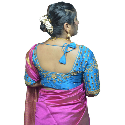 Designer Aqua Blue Blouse with 5-Petal Floral Motifs and Chain Mirror Work Sleeves