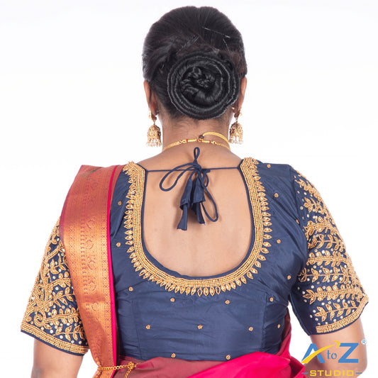 Navy Blue Silk Cloth Blouse with Small leaf (like flower pot) and chain work Design